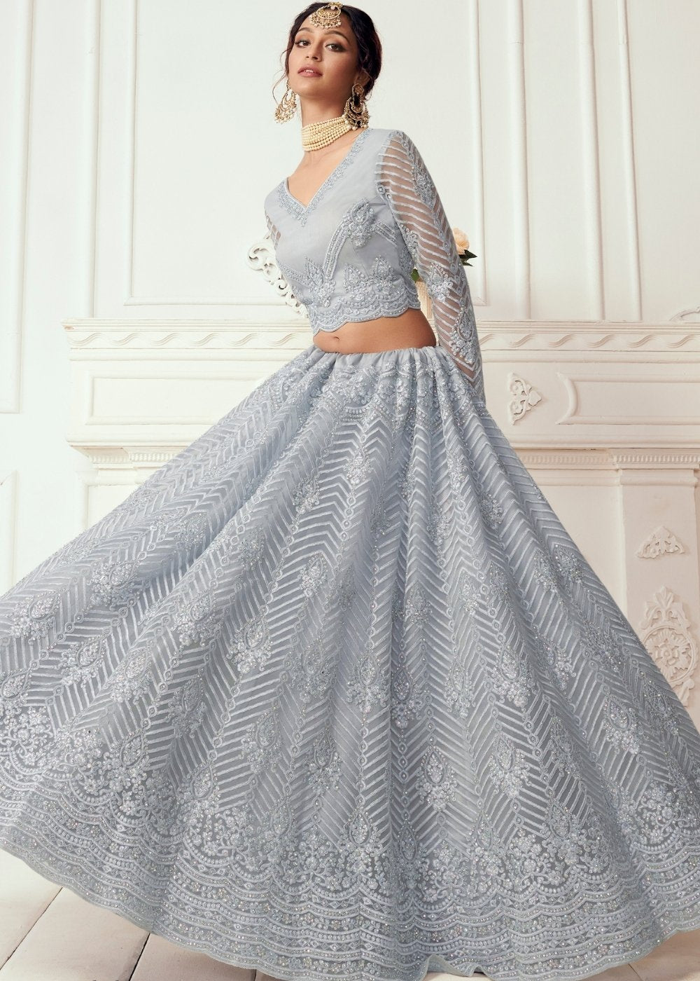 Coin Grey Soft Net Lehenga Choli with Cording Embroidery & Stonework