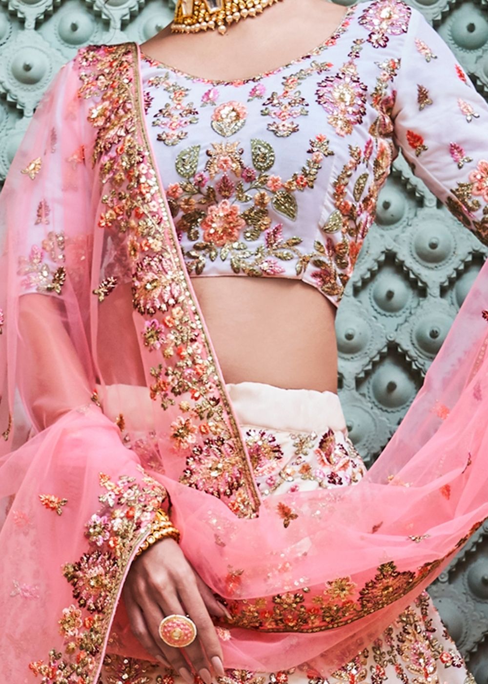 Off White Georgette Lehenga Choli with Thread, Sequins, Zari and Zarkan work