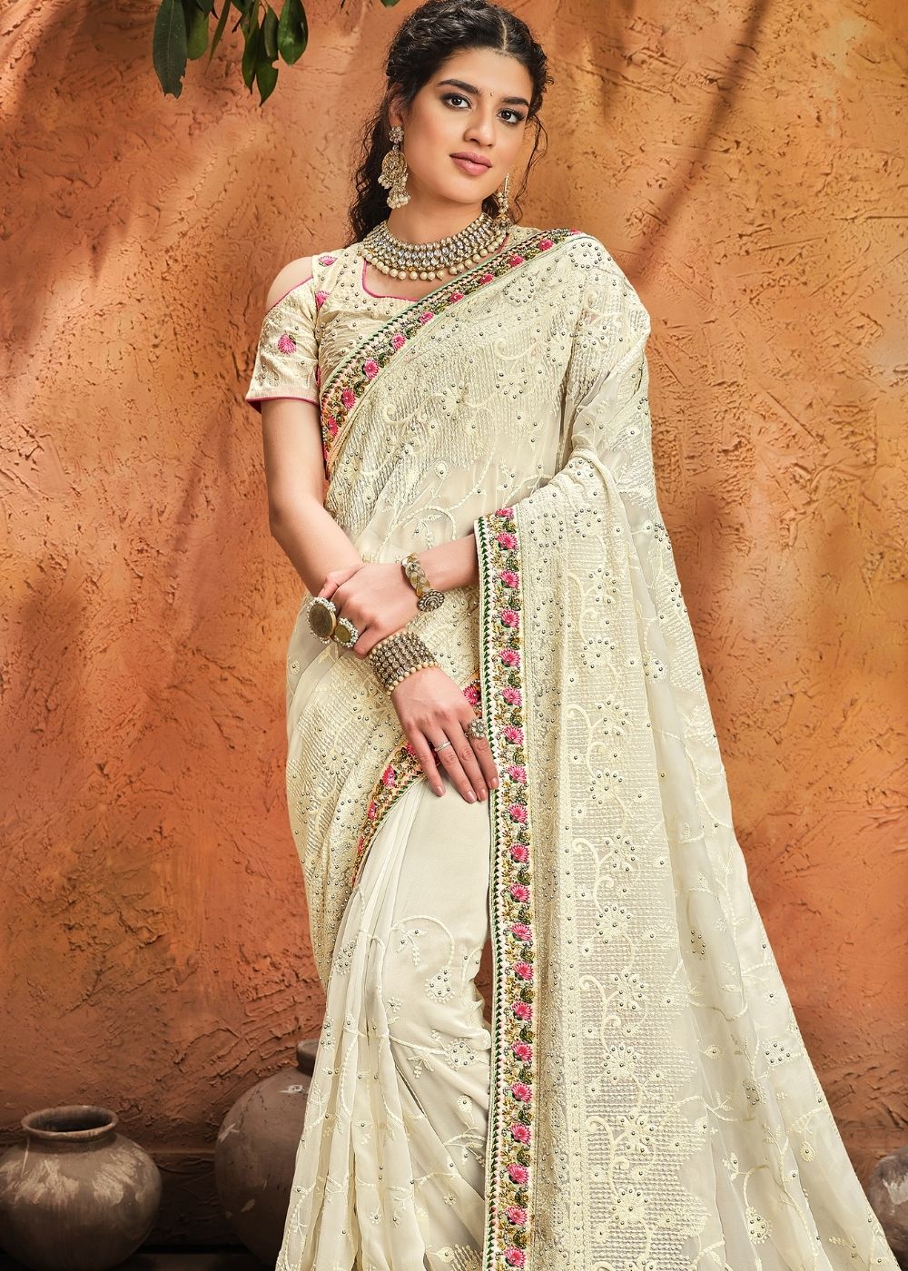 Linen White Pure Georgette Saree with Moti, Cut-Dana & Lucknowi work