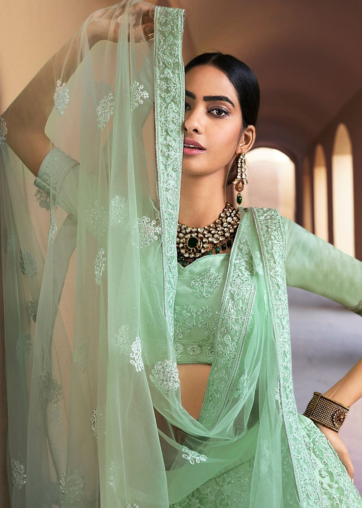 Parakeet Green Soft Net Lehenga Choli with Sequins & Dori work