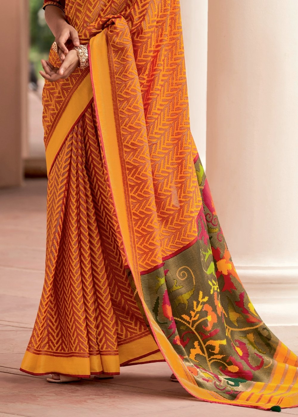 Merigold Orange Soft Silk Saree with Embroidered Blouse