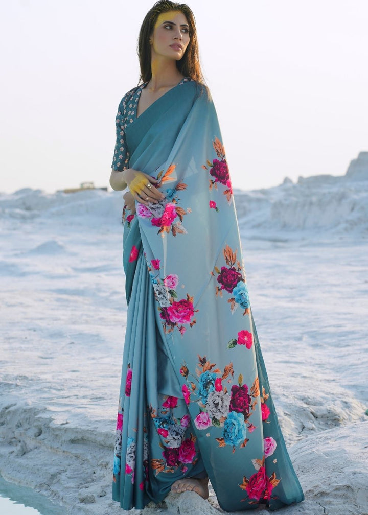 Turkish Blue Digital Printed Crepe Silk Saree