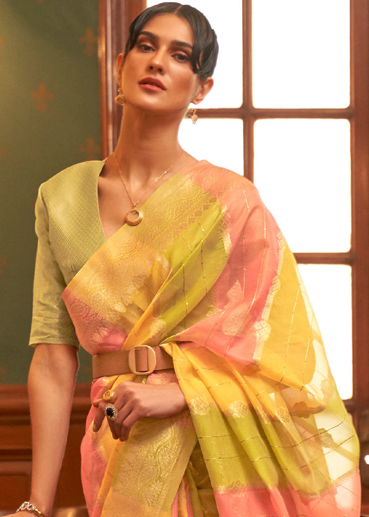 Green Multicolour Woven Organza Silk Saree