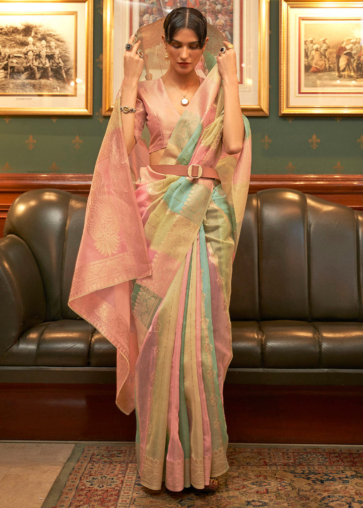 Pink Multicolour Woven Organza Silk Saree