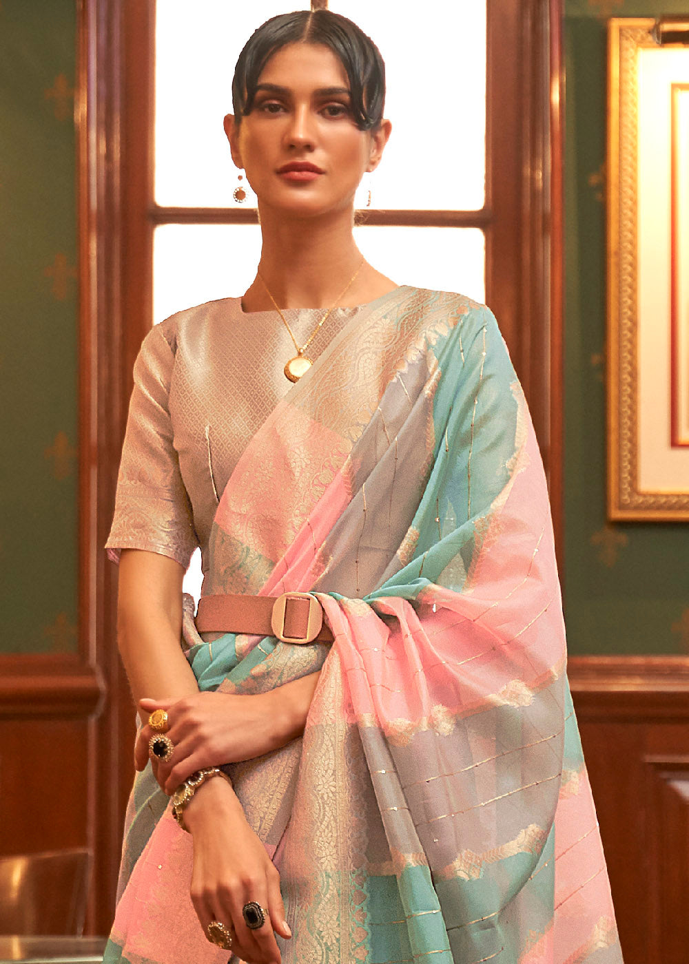 Pink & Blue Woven Organza Silk Saree : Top Pick