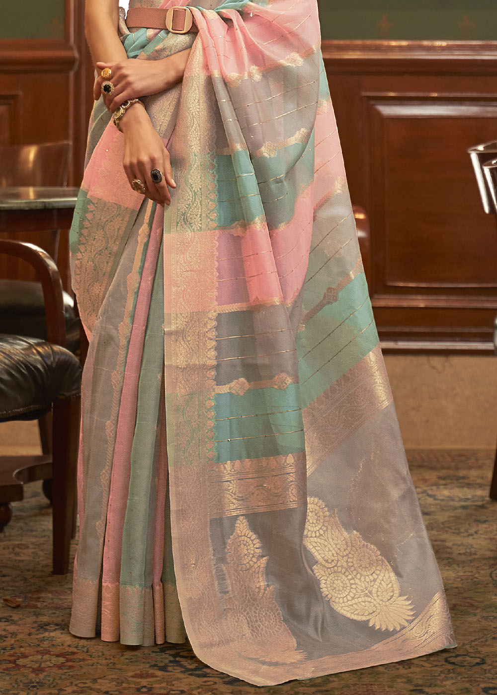 Pink & Blue Woven Organza Silk Saree : Top Pick