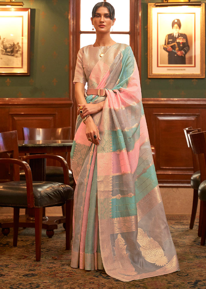 Pink & Blue Woven Organza Silk Saree : Top Pick