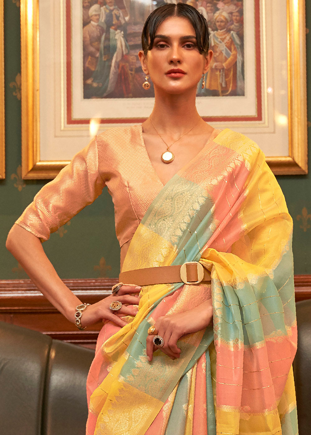 Yellow & Pink Woven Organza Silk Saree