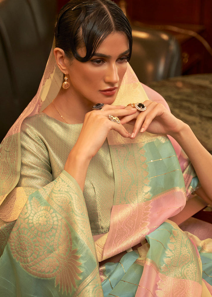 Green & Pink  Woven Organza Silk Saree