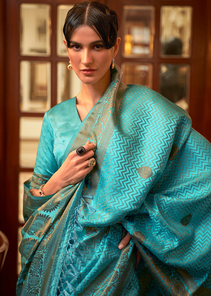 Cerulean Blue Designer Satin Silk Saree