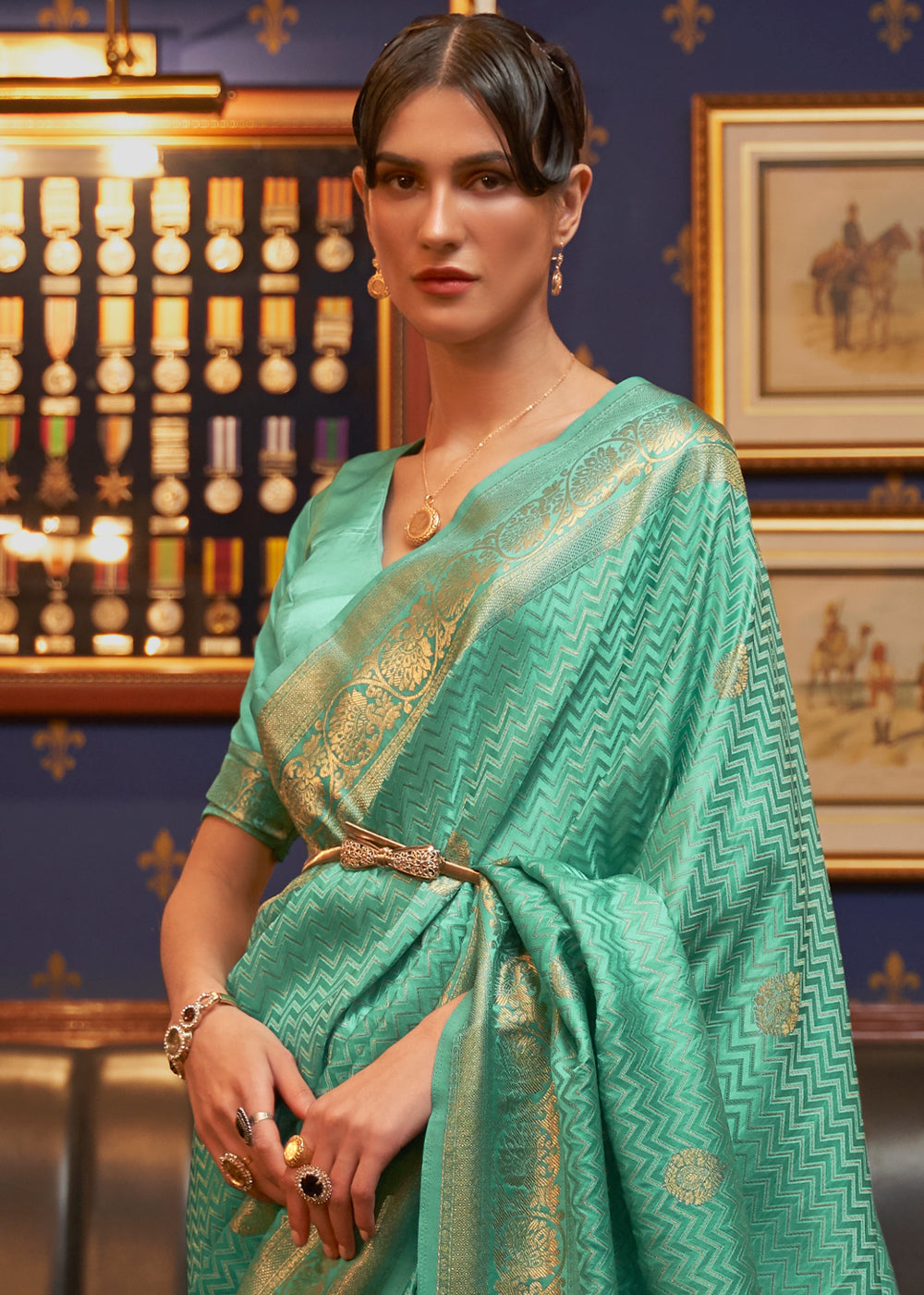 Caribbean Green Designer Satin Silk Saree