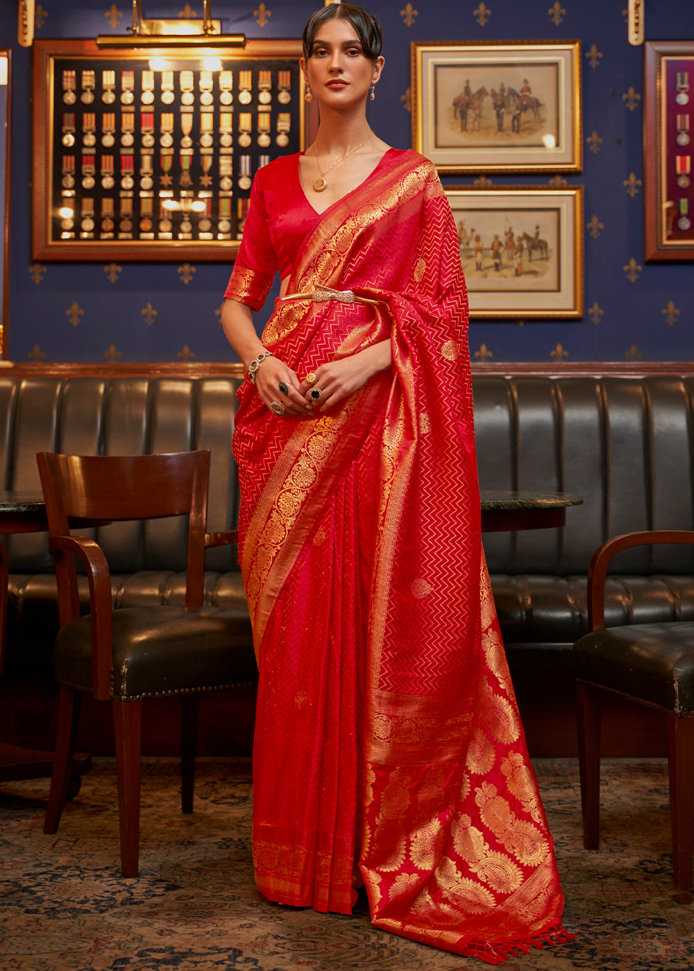 Scarlet Red Designer Satin Silk Saree