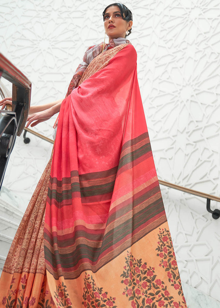 Brown & Pink Digital Floral Printed Crepe Silk Saree