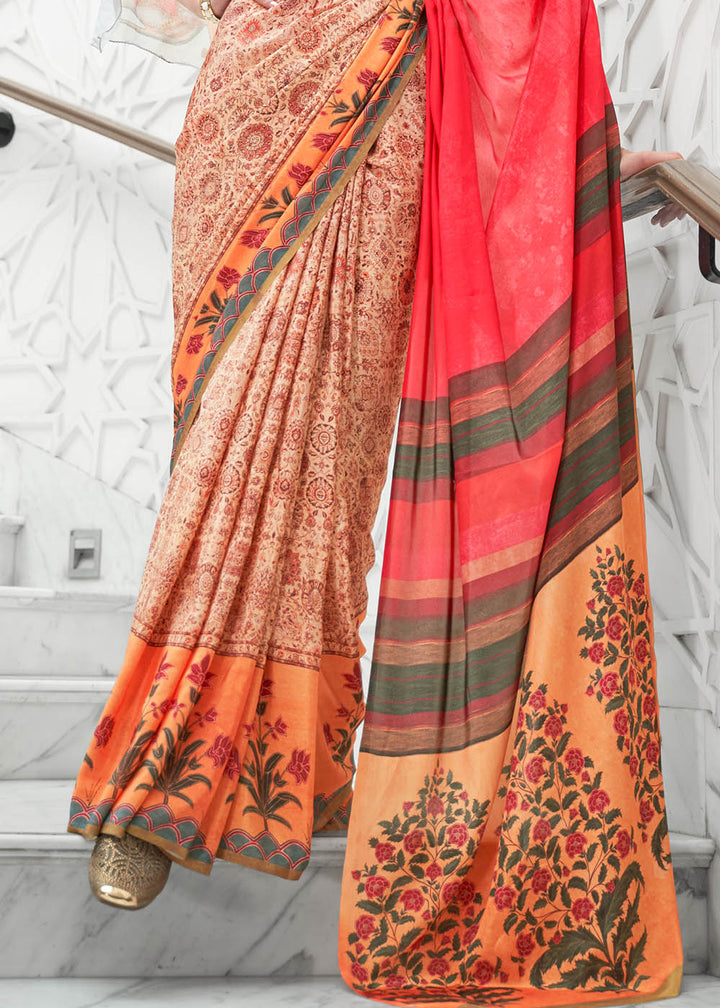 Brown & Pink Digital Floral Printed Crepe Silk Saree