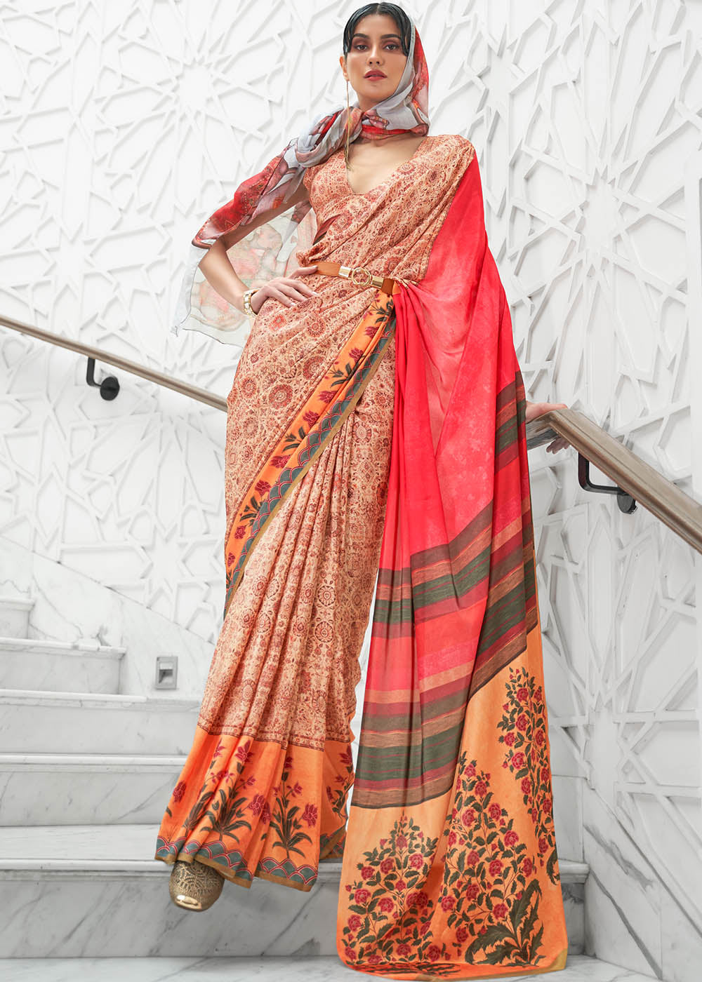 Brown & Pink Digital Floral Printed Crepe Silk Saree