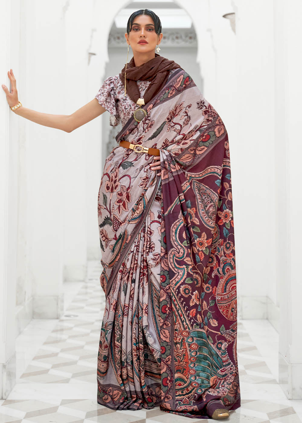 Cloudy Grey Digital Floral Printed Crepe Silk Saree