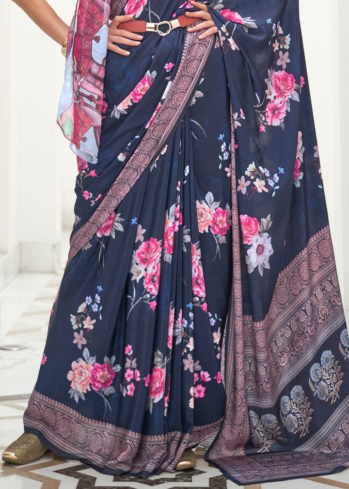 Prussian Blue Digital Floral Printed Crepe Silk Saree