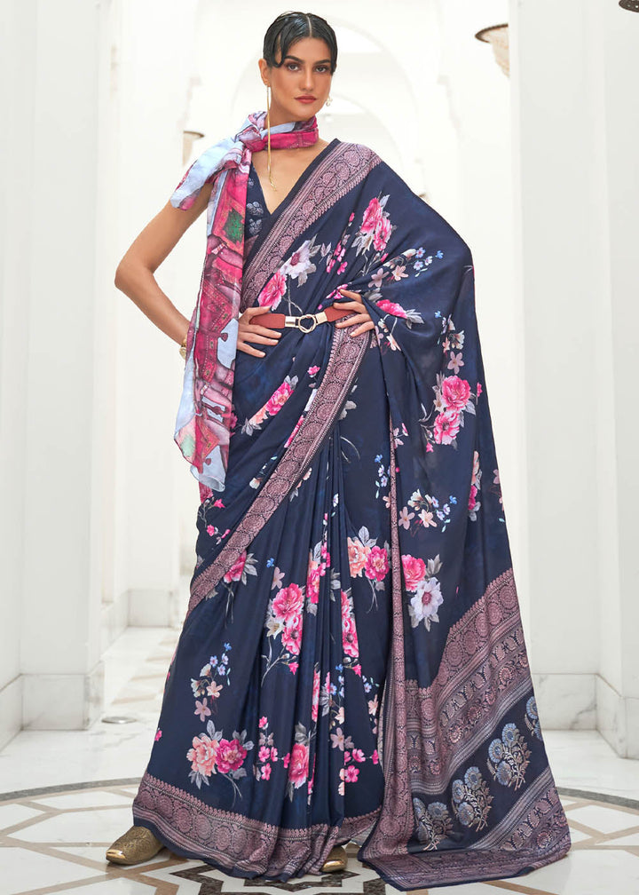 Prussian Blue Digital Floral Printed Crepe Silk Saree