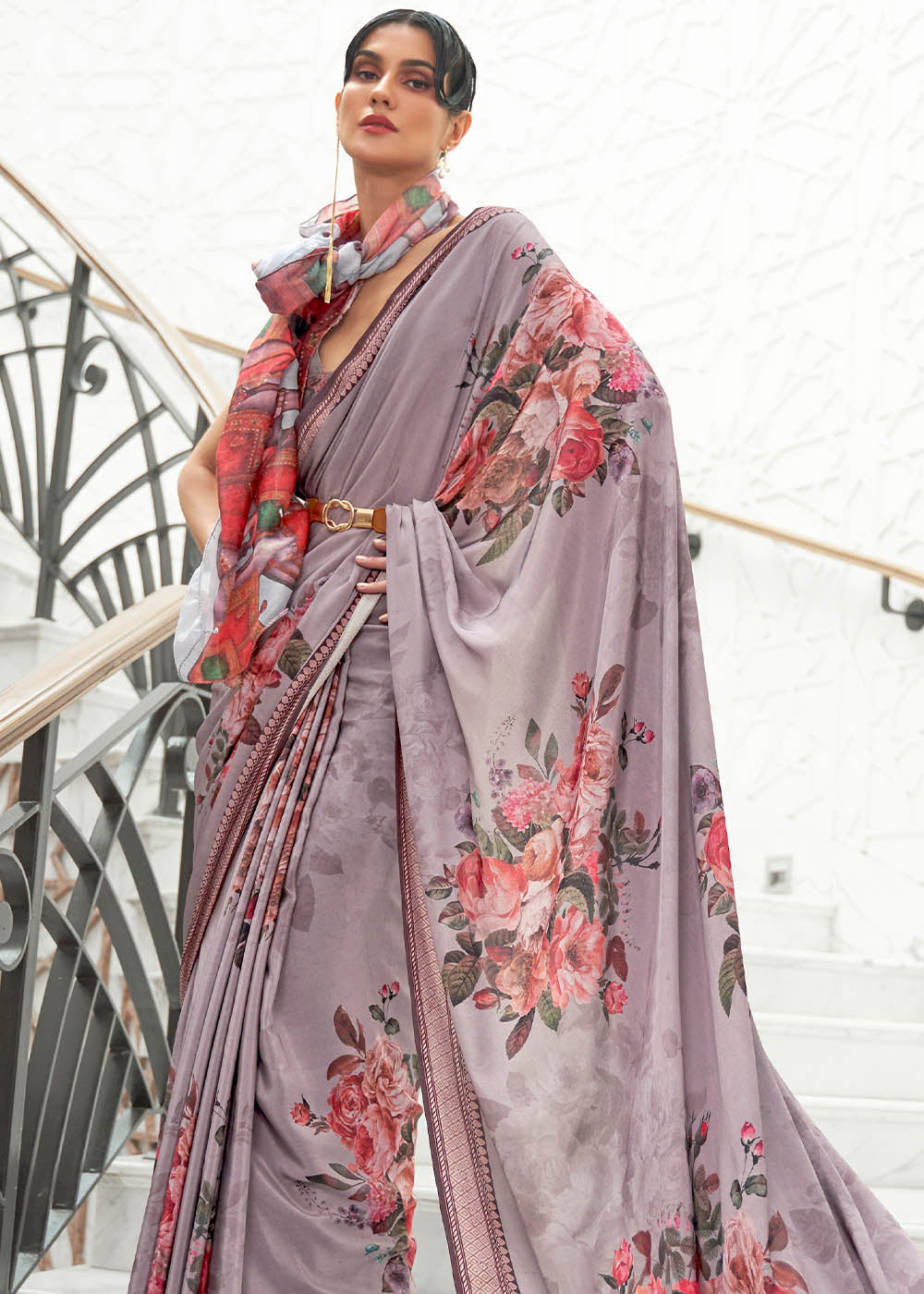 African Purple Digital Printed Crepe Silk Saree