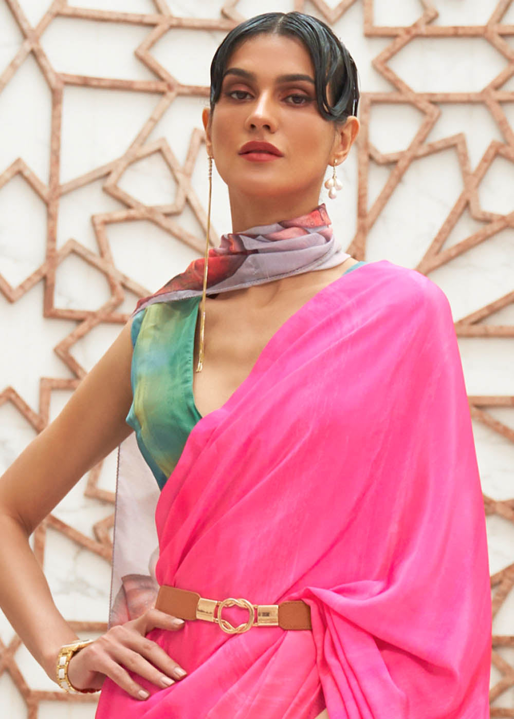 Hot Pink Digital Printed Crepe Silk Saree