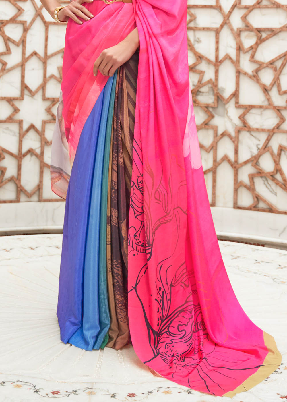 Hot Pink Digital Printed Crepe Silk Saree