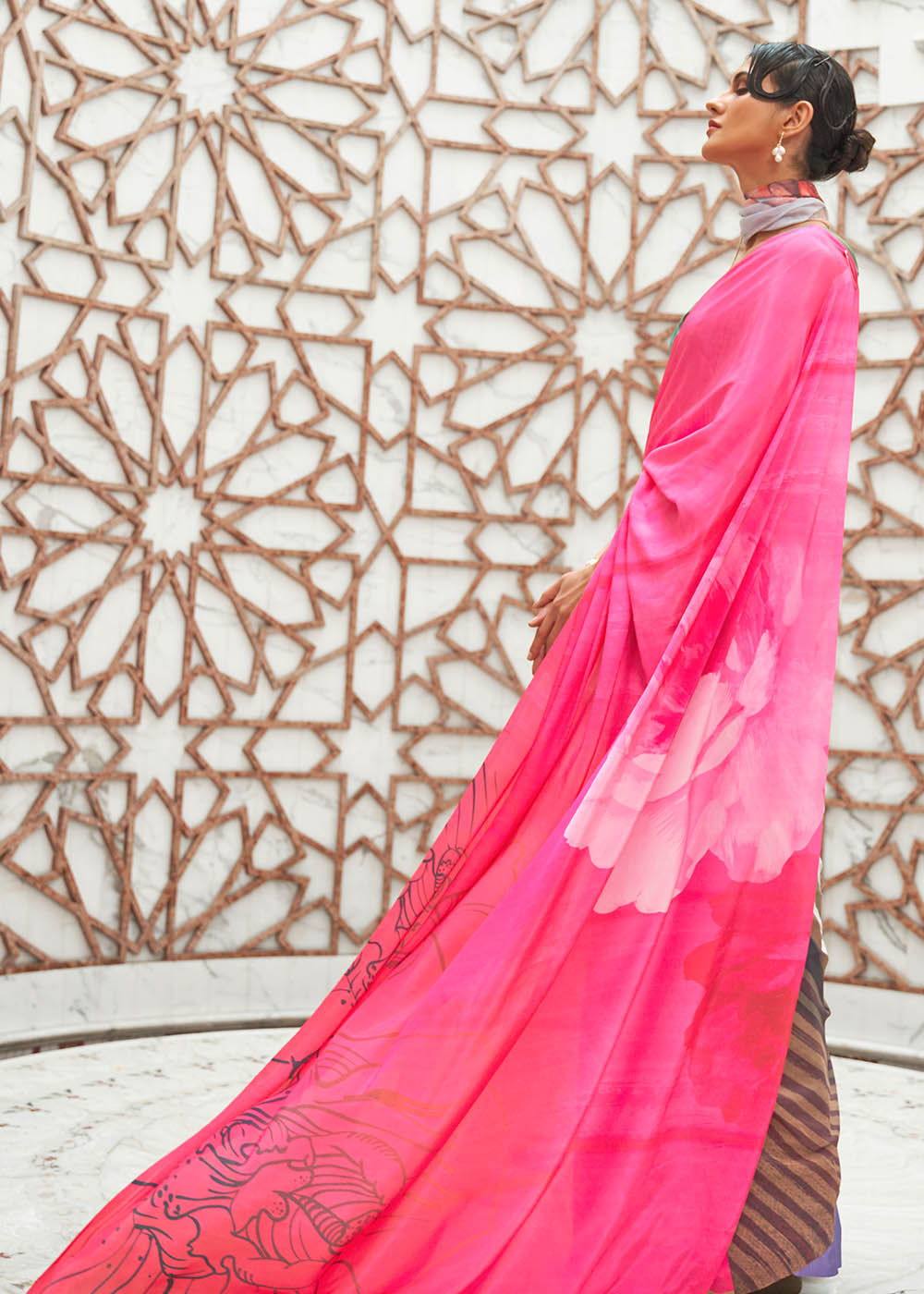 Hot Pink Digital Printed Crepe Silk Saree