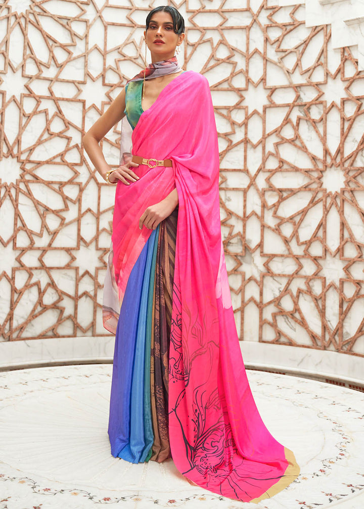 Hot Pink Digital Printed Crepe Silk Saree