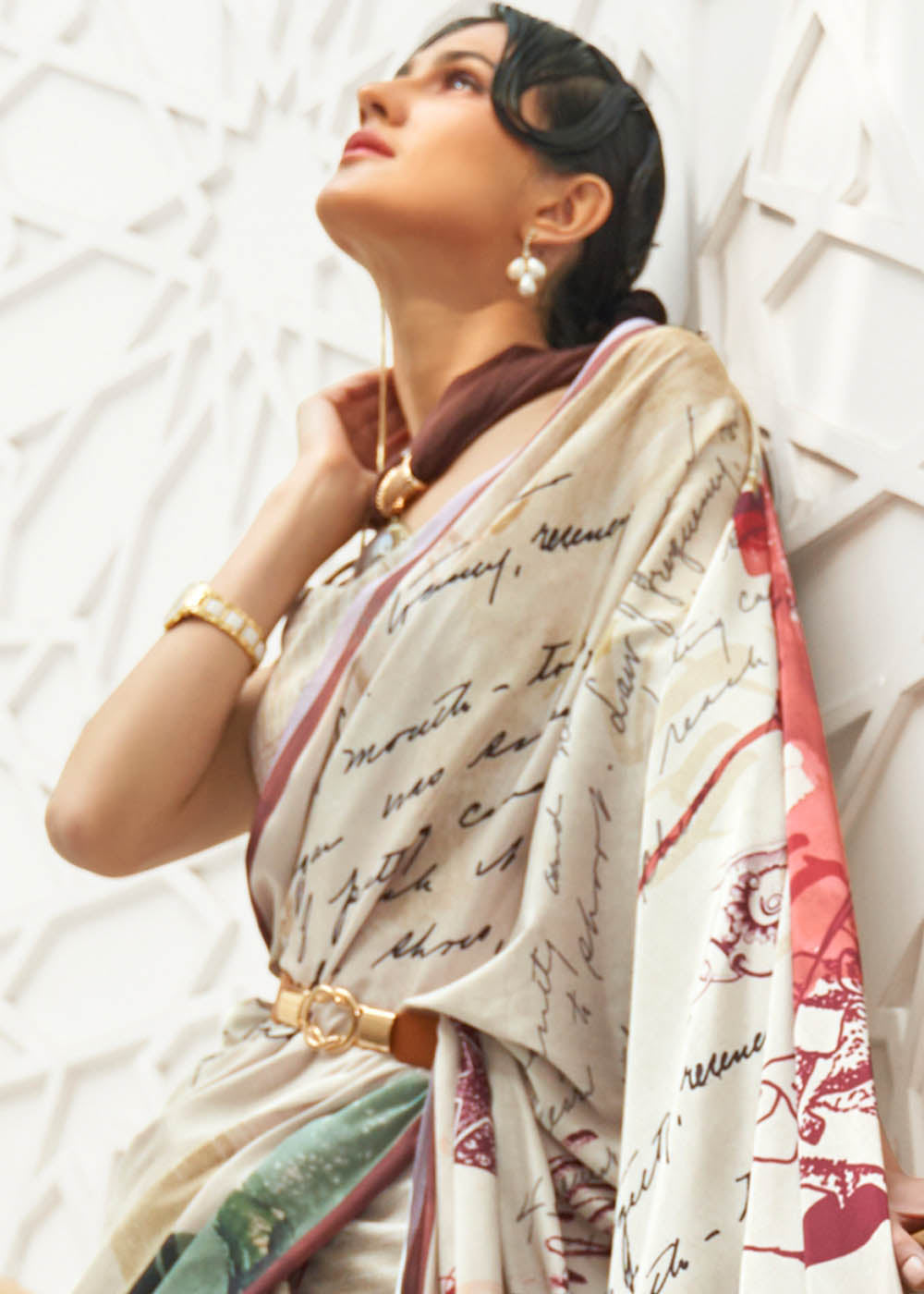 Parchment White Digital Printed Crepe Silk Saree