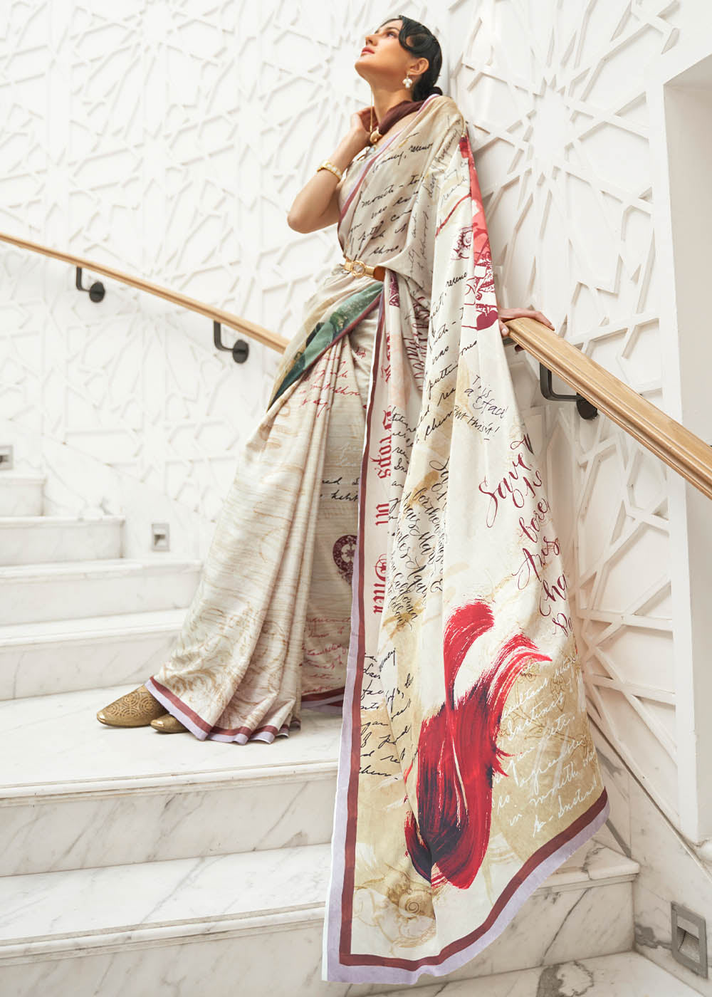 Parchment White Digital Printed Crepe Silk Saree