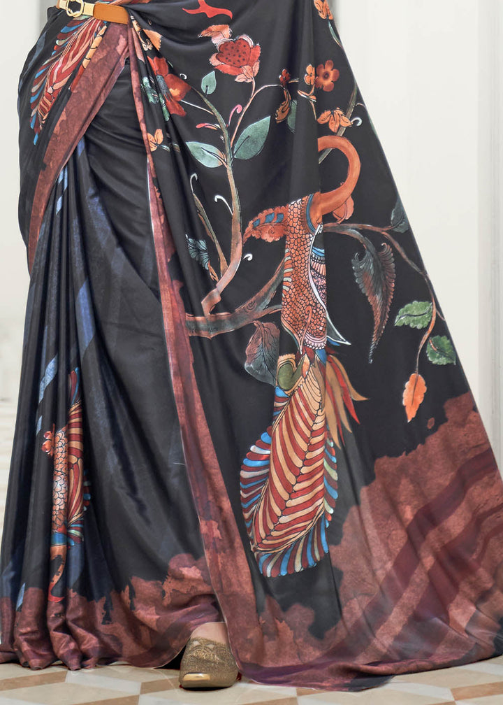 Sable Black Digital Printed Crepe Silk Saree