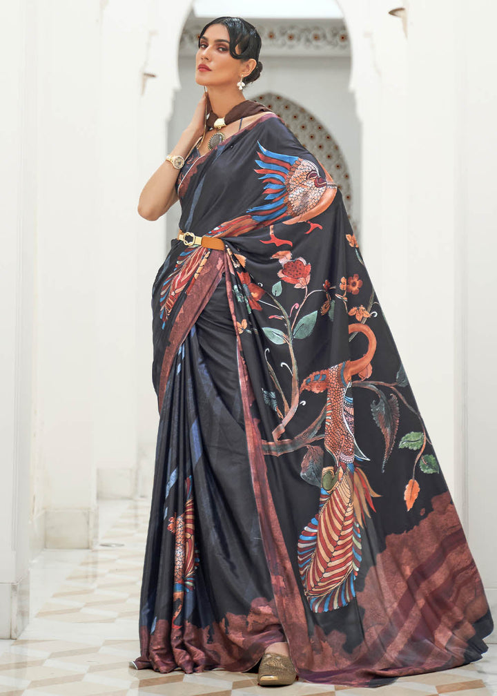 Sable Black Digital Printed Crepe Silk Saree