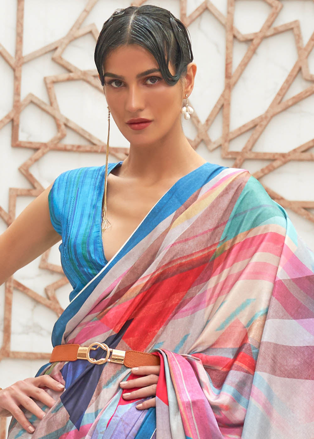 Azure Blue Digital Printed Crepe Silk Saree