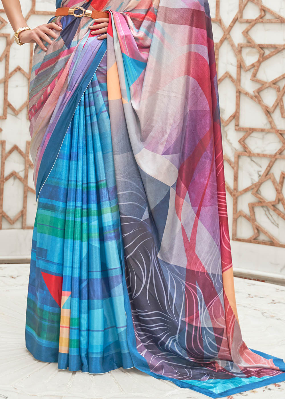 Azure Blue Digital Printed Crepe Silk Saree