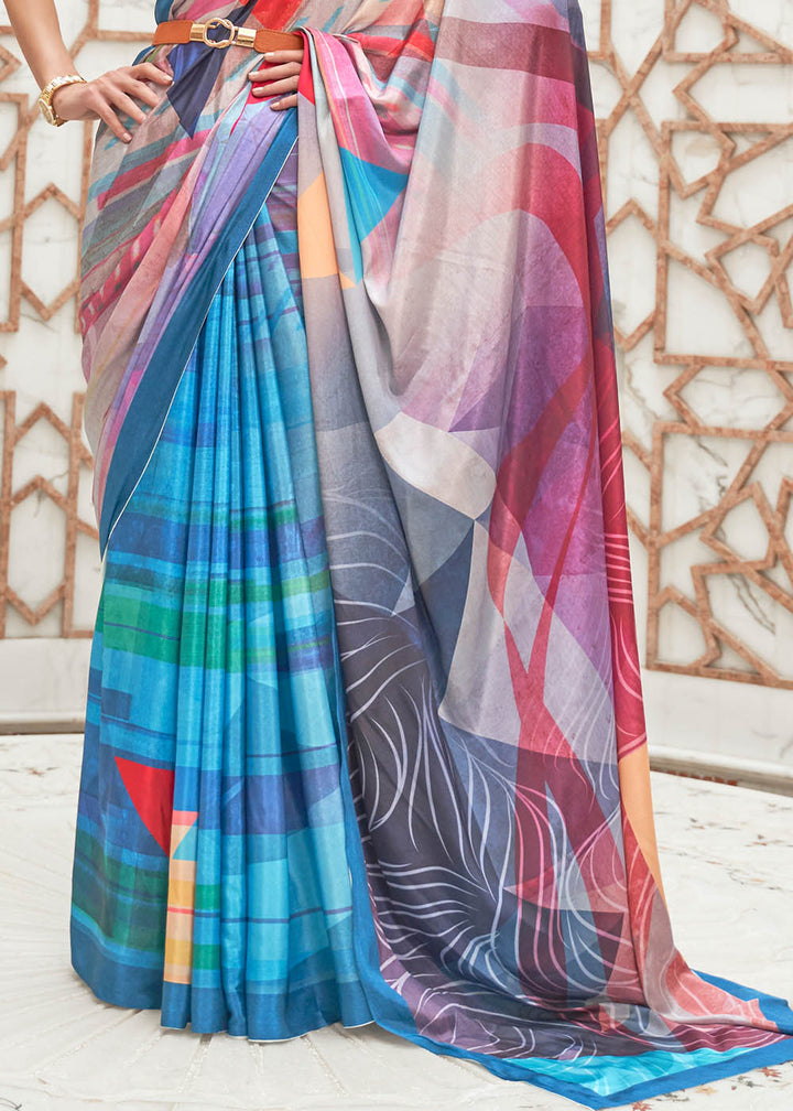 Azure Blue Digital Printed Crepe Silk Saree