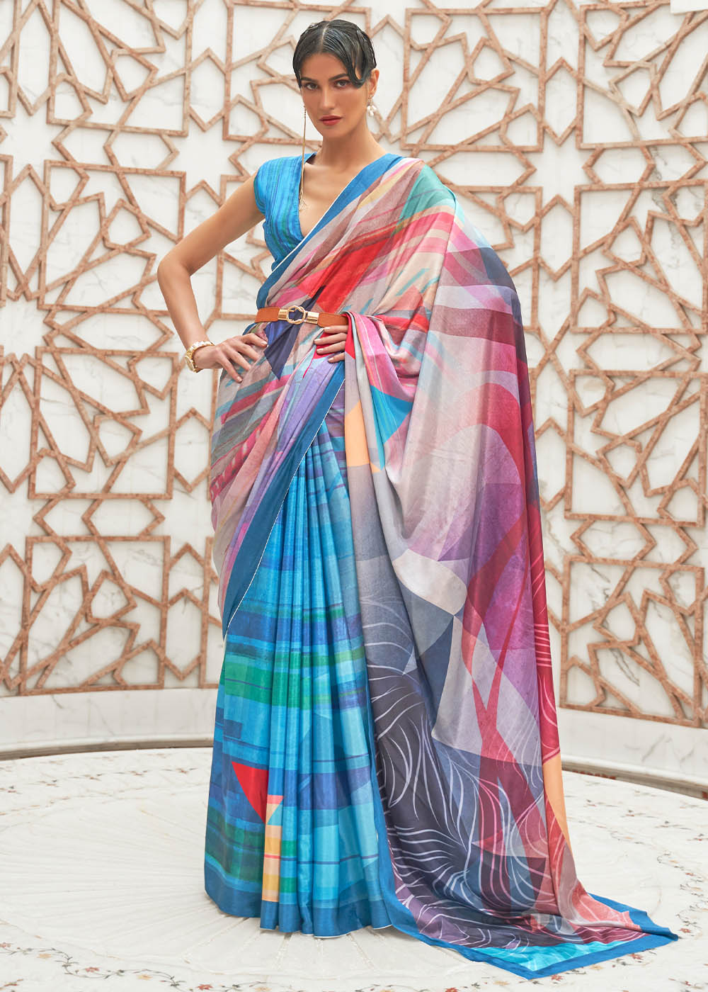 Azure Blue Digital Printed Crepe Silk Saree