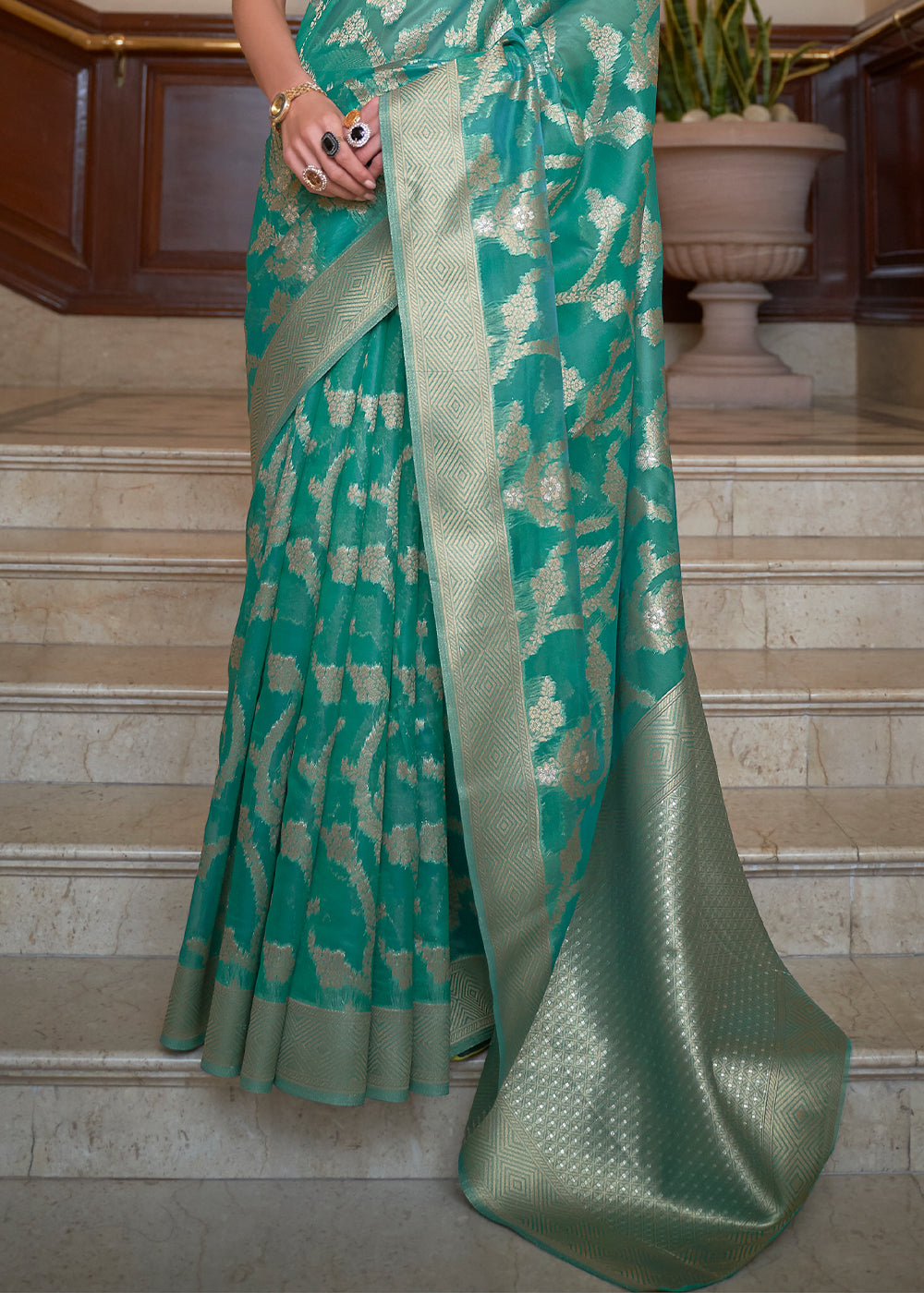 Tiffany Blue Green Two Tone Handloom Woven Organza Silk Saree