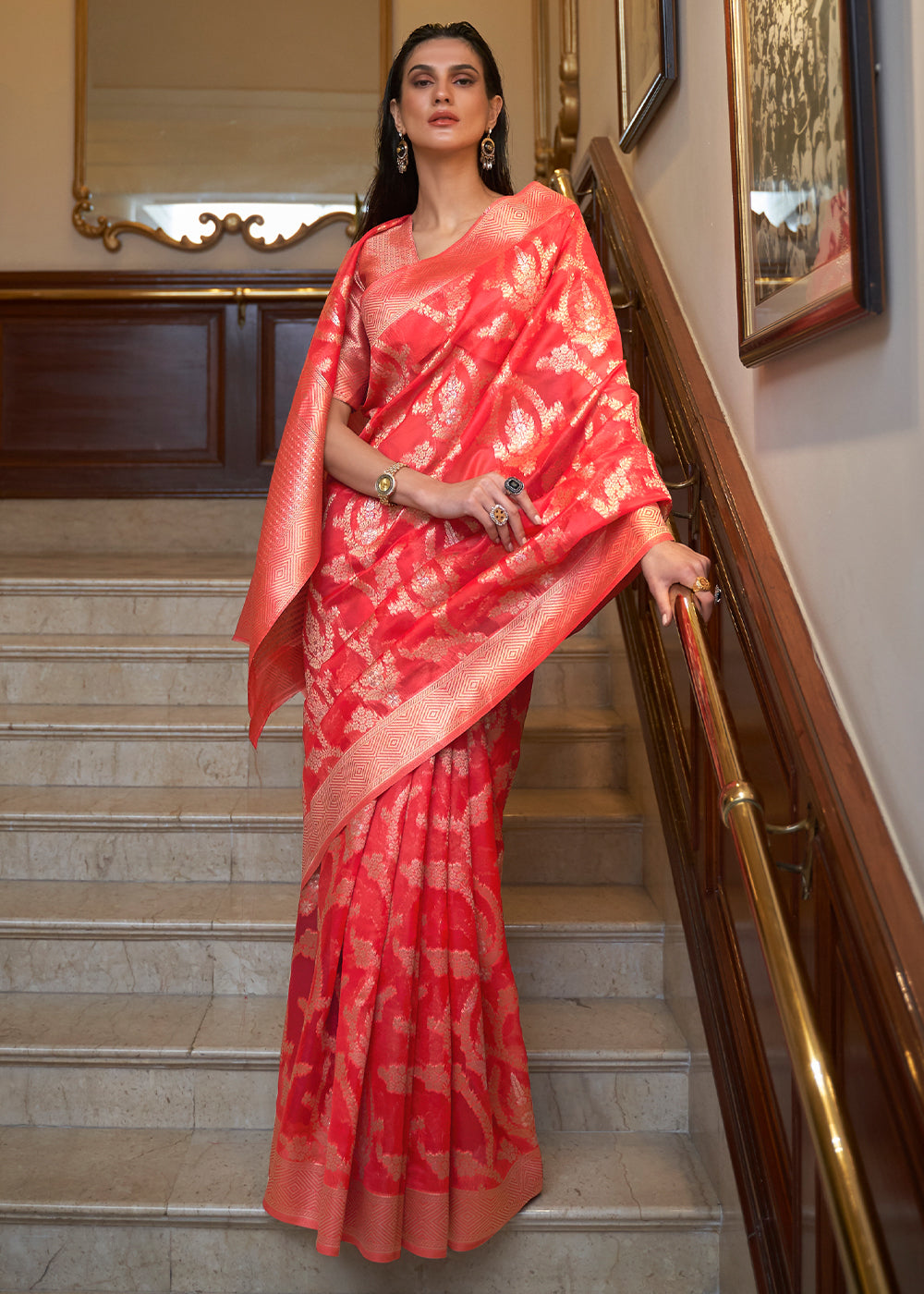 Crimson Red Two Tone Handloom Woven Organza Silk Saree