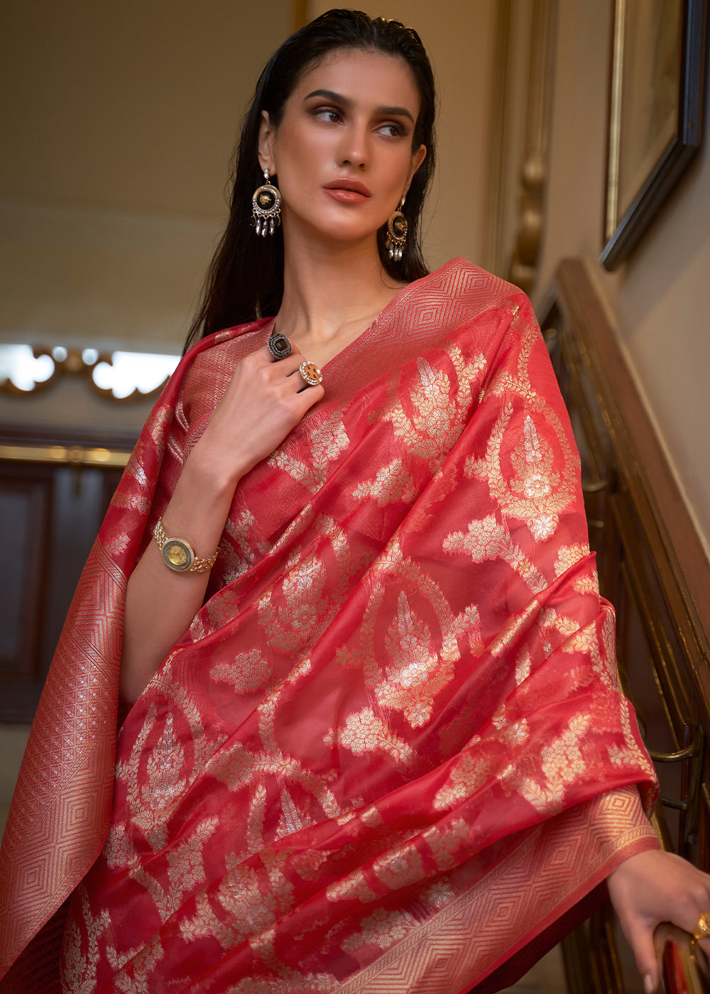 Crimson Red Two Tone Handloom Woven Organza Silk Saree