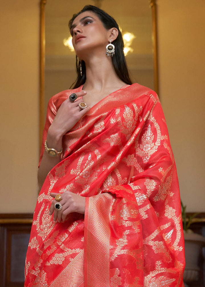 Crimson Red Two Tone Handloom Woven Organza Silk Saree