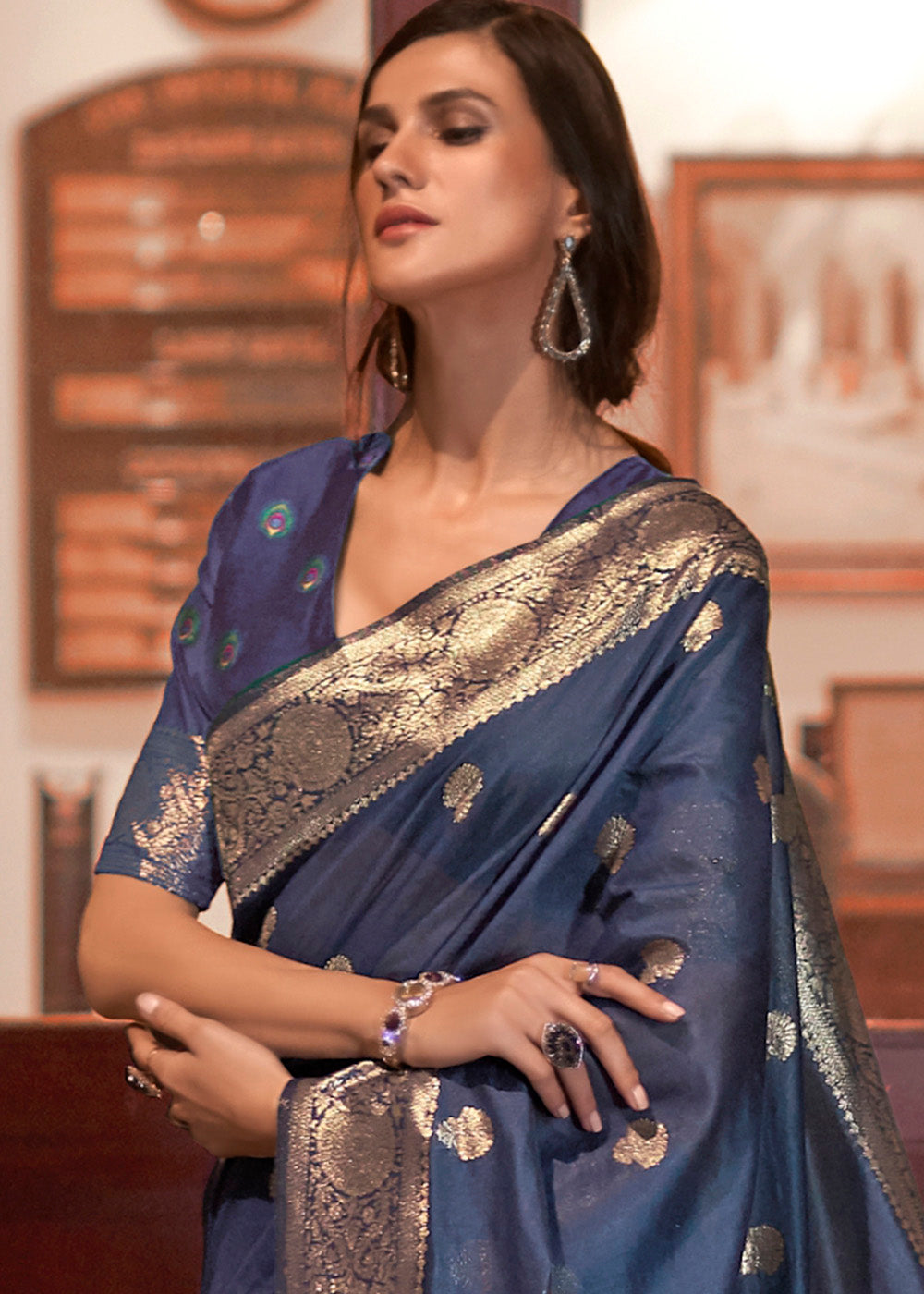 Space Blue Woven Chanderi Banarasi Fusion Silk Saree