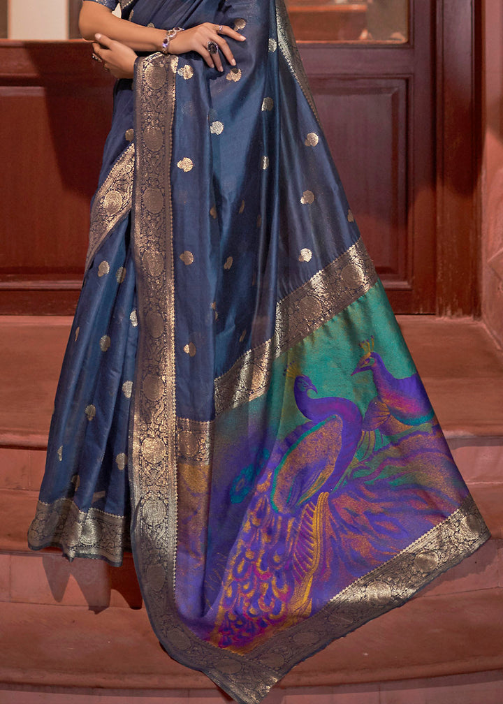 Space Blue Woven Chanderi Banarasi Fusion Silk Saree