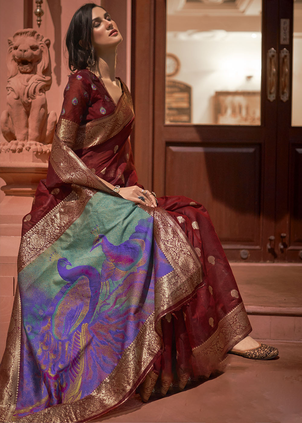 Currant Red Woven Chanderi Banarasi Fusion Silk Saree