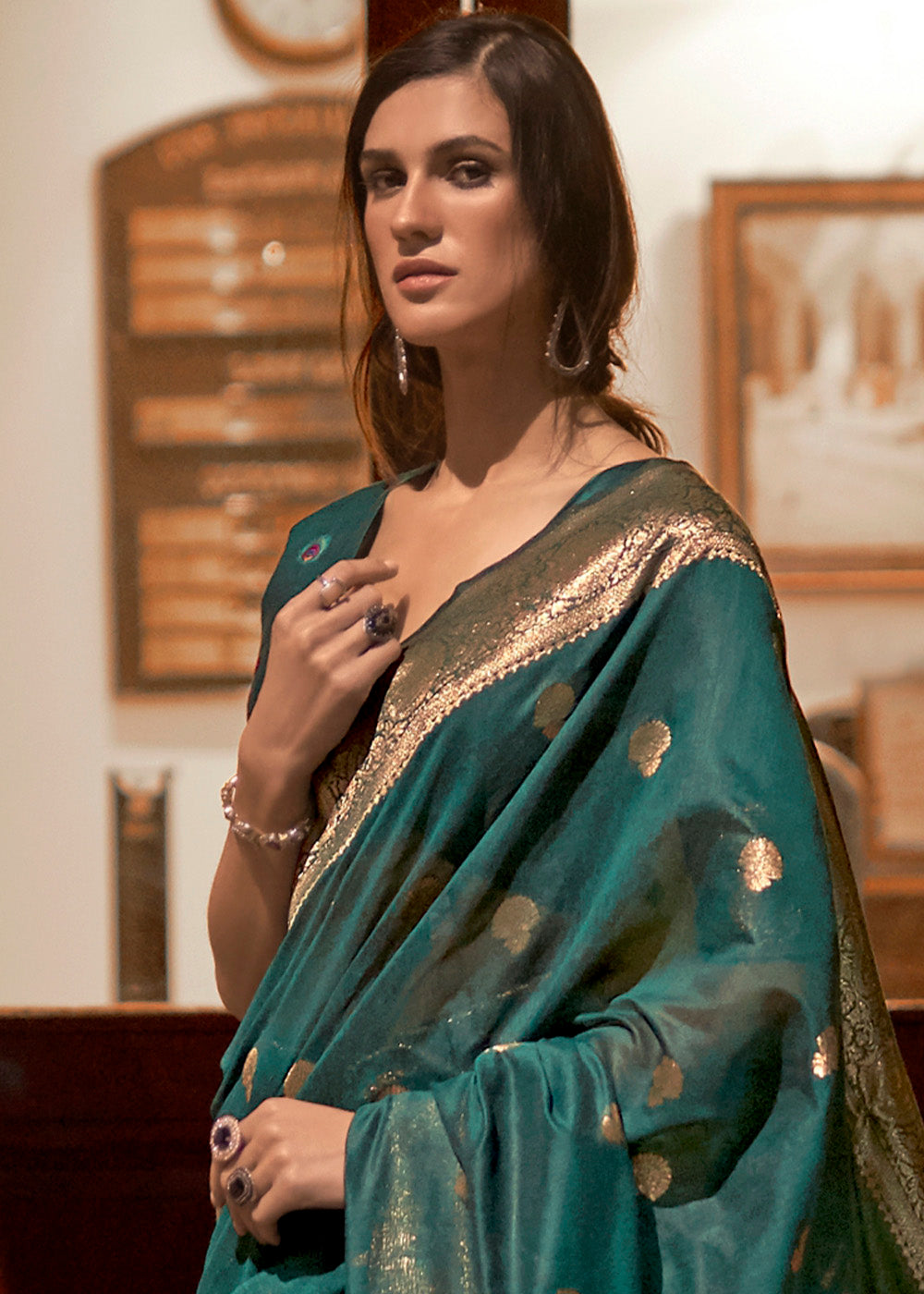 Arabian Green Woven Chanderi Banarasi Fusion Silk Saree