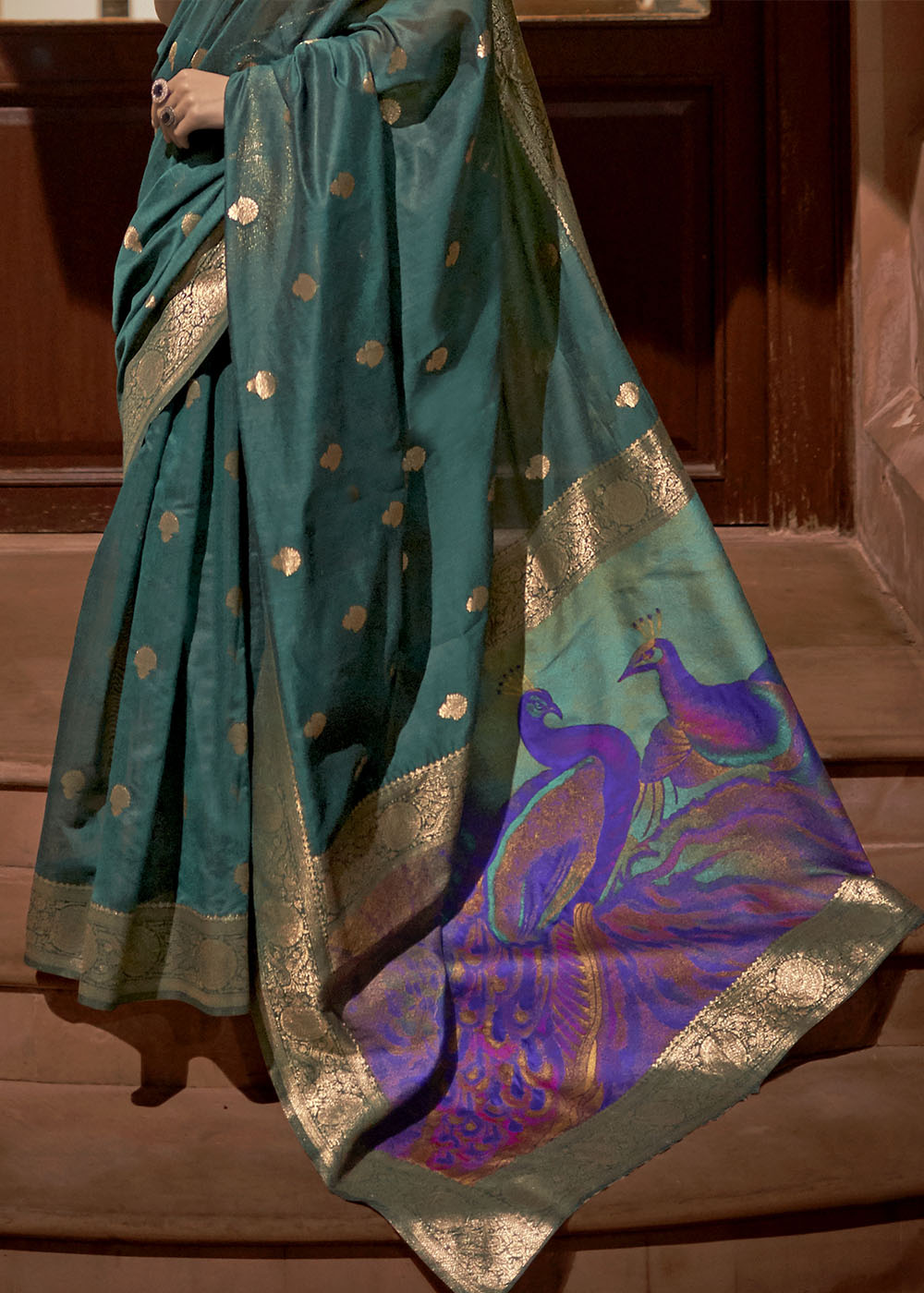 Arabian Green Woven Chanderi Banarasi Fusion Silk Saree