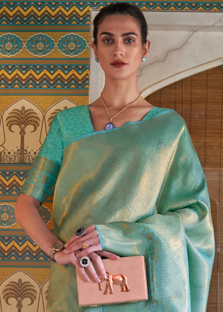 Bermuda Teal Green Soft Handloom Weave Kanjivaram Silk Saree : Festival Edition