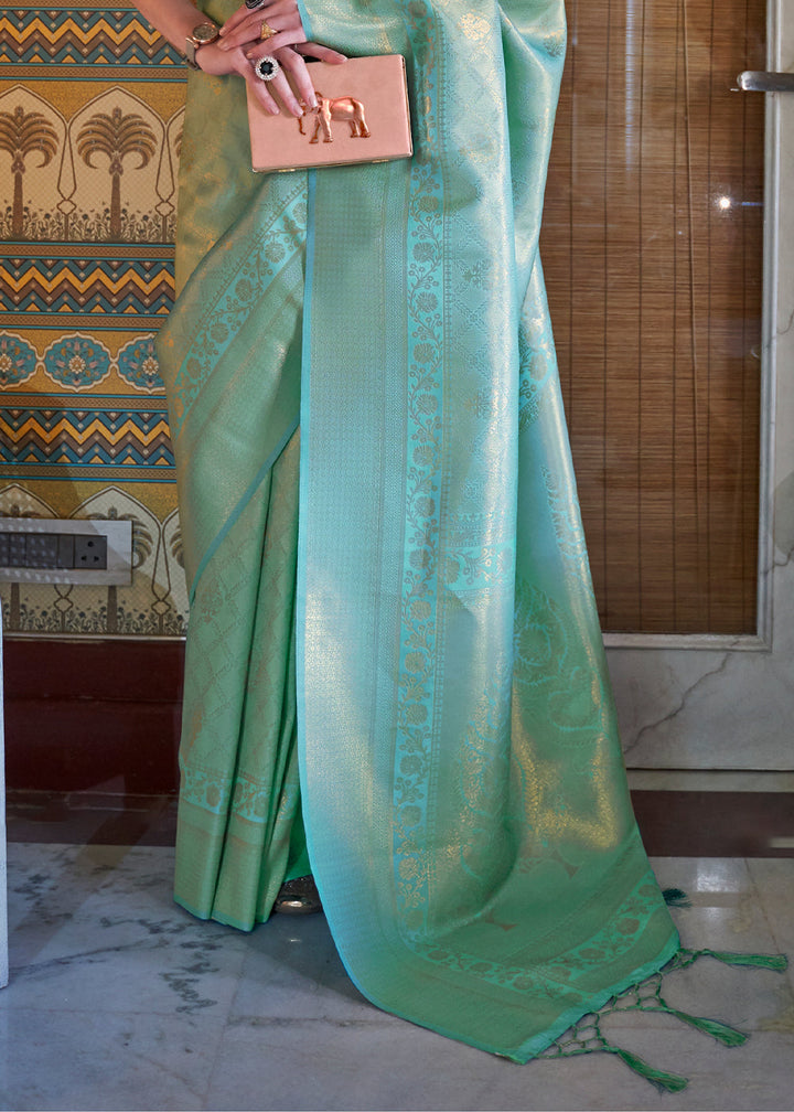 Bermuda Teal Green Soft Handloom Weave Kanjivaram Silk Saree : Festival Edition