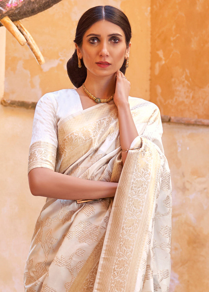 Ivory White Handloom Weave Soft Banarasi Silk Saree