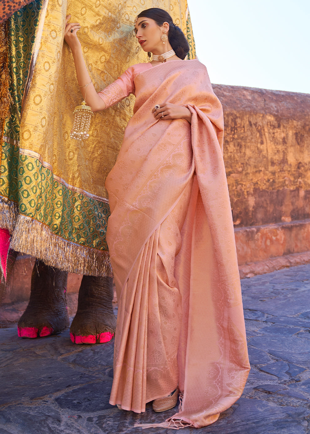 Light Coral Pink Soft Handloom Weave Kanjivaram Silk Saree