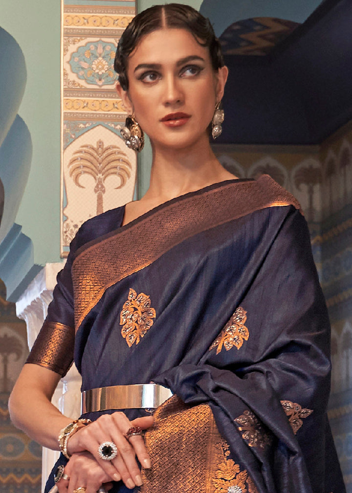 Denim Blue Copper Zari Woven Tussar Silk Saree