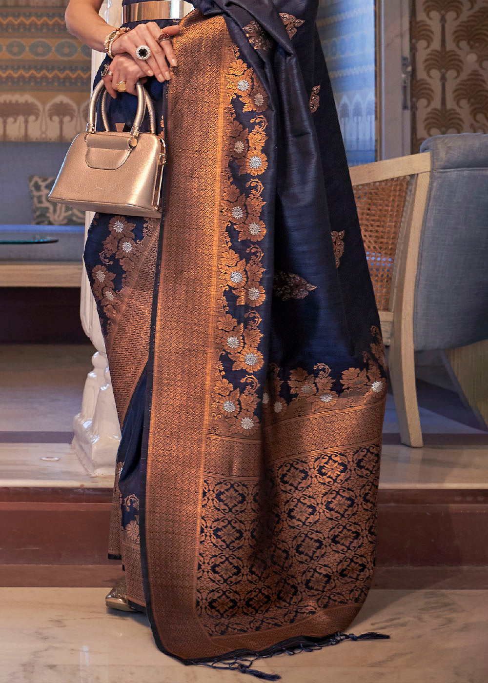 Denim Blue Copper Zari Woven Tussar Silk Saree